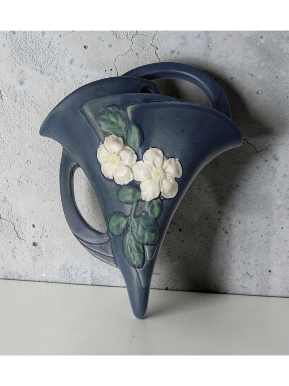 Vintage Roseville Reproduction White Rose Wall Pocket Vase 8.25" Blue Cottage